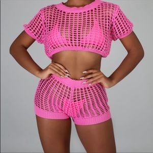 Electric PINK Net Crochet Crop Top & Shorts Set